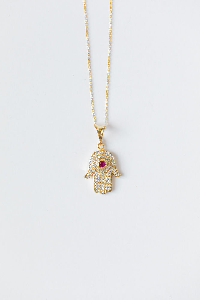 Hamsa + Evil Eye Gem Necklace with Magenta Gem