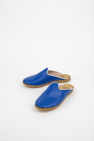 
            
                Load image into Gallery viewer, Blue Leather Mules with White Trim 
            
        