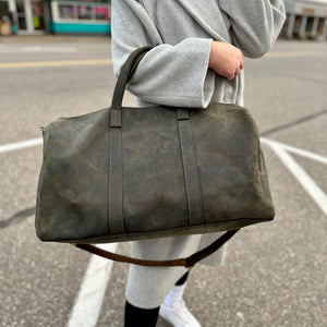 Large Weekender Leather Duffle Bag in Dark Olive