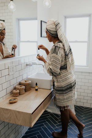 The Ribbon Bathrobe in Charcoal and the Ribbon Turkish Towel as a hair wrap